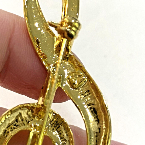 Treble Clef Brooch for Music Lovers Goldtone Pin & Clear White Rhinestones - Picture 5 of 5